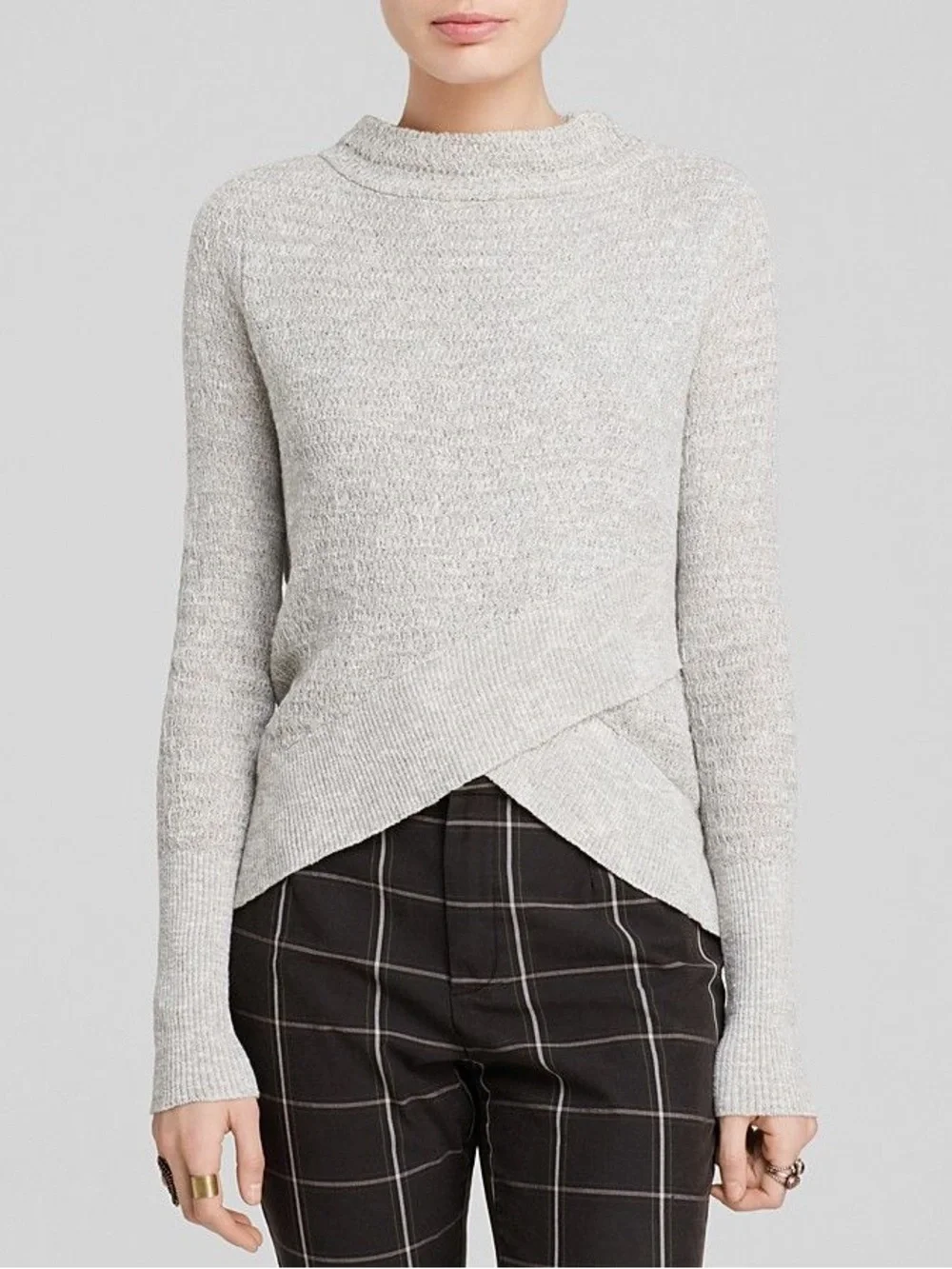 Free People X Revolve Gray Crossover Hem Mock Neck Sweater, Relaxed Fit, Medium
